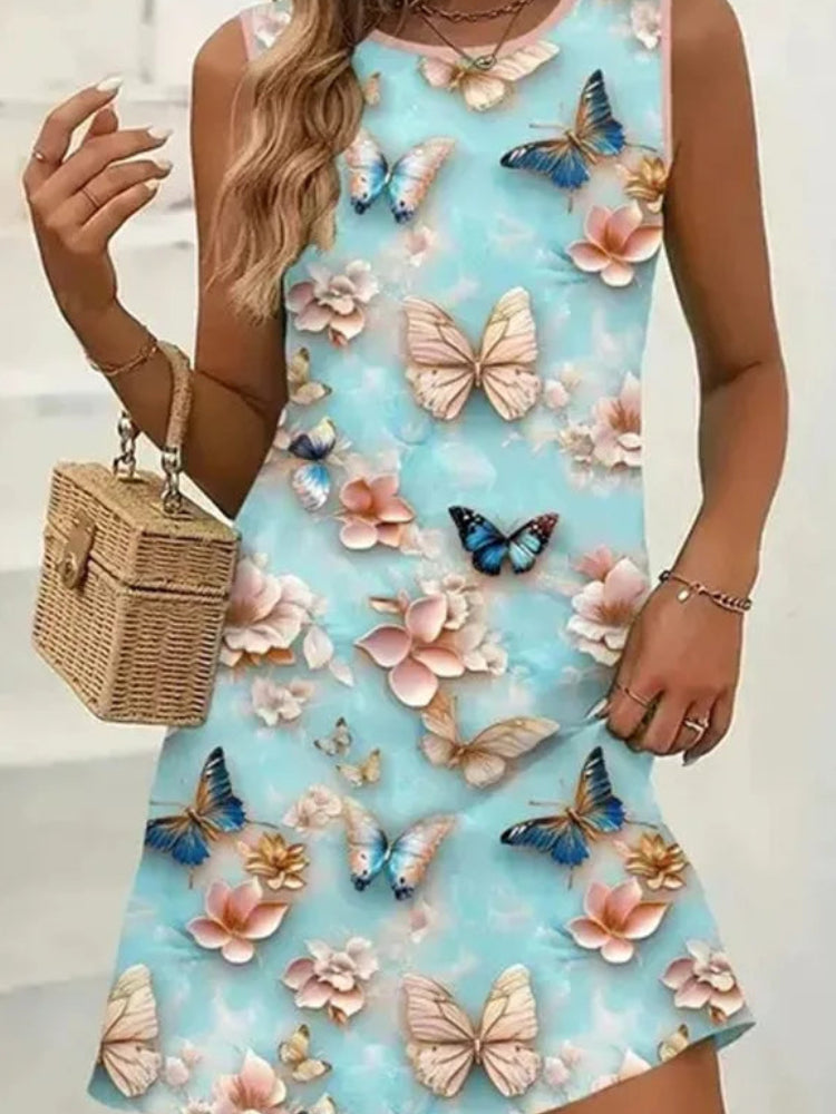 Summer Beach Vacation Dress | Colorful Butterfly & Flowers 3D Print Sundress | Elegant O-Neck Sleeveless Vest Dress | Premium Knit Loose Fit A-Line Mini Robe Model BD83 Luxegan