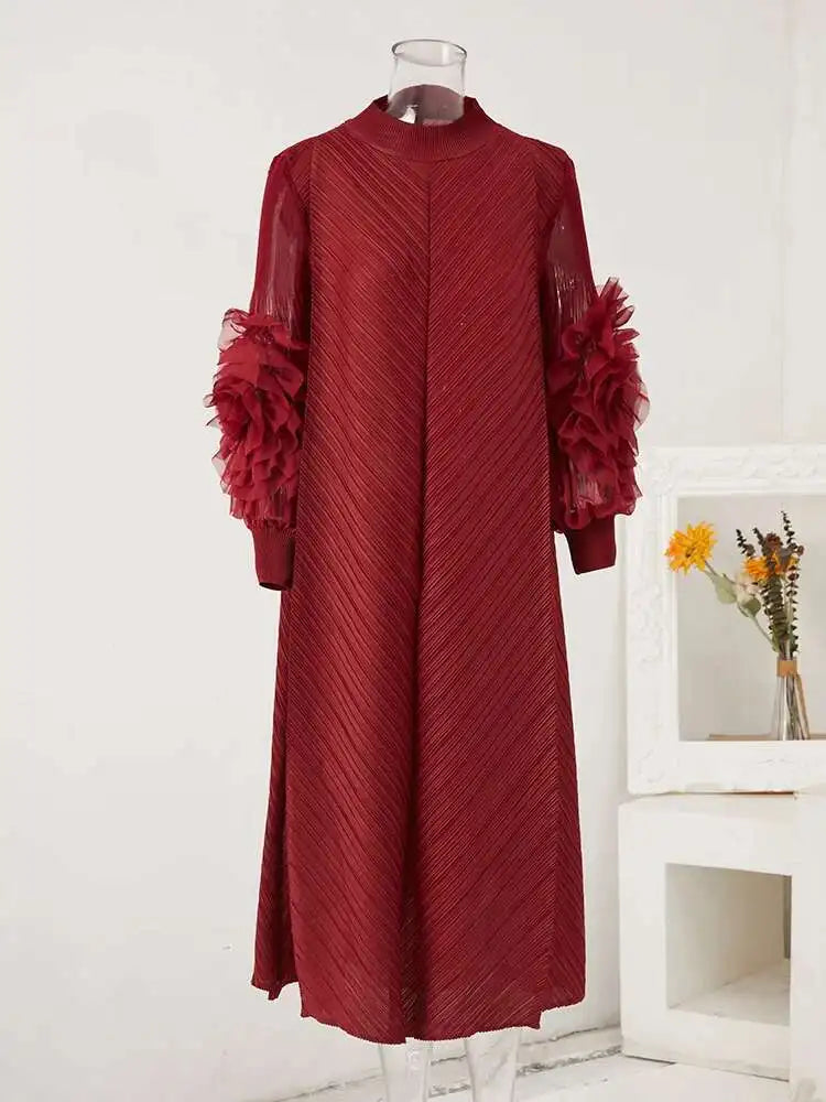 Pleated Lettuce Hem Maxi Dress | Turtleneck Full Sleeve Loose A-Line Casual Dress Luxegan
