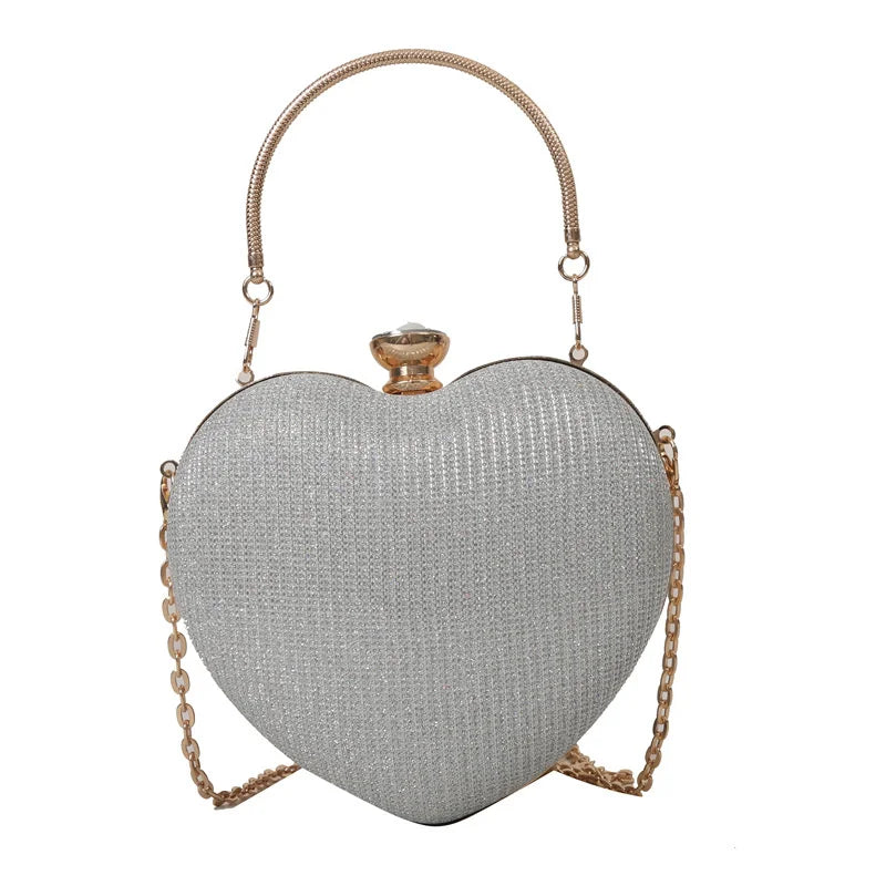 Shiny Heart Shape Metal Evening Clutch Bag for Women | Fashion Chain Shoulder Crossbody Bag (Luxury Lady Purse) Luxegan