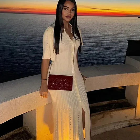 Elegant Knitted Ribbed Long Dress | Sophisticated Slim Wave O-Neck Silhouette | Elegant "Ankle-Length" Hip Package Gown | "Dignified" Single Breasted Hollow Out Design for Radiant Versatile Styling Luxegan