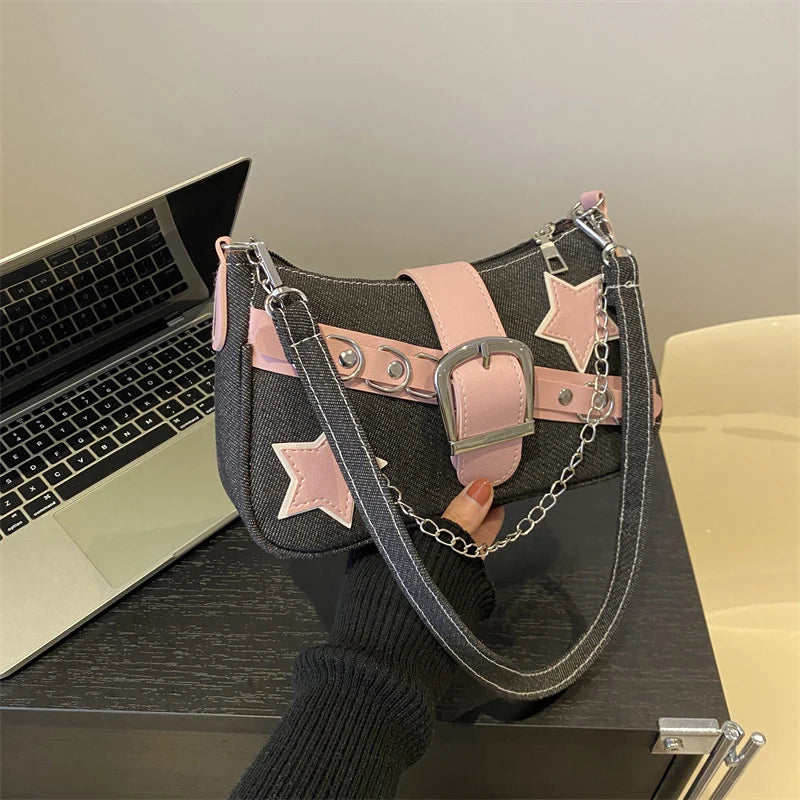 Fashion Women's Handbags Denim Stars Pattern | Cool Girls Underarm Bag Female Small Shoulder Hobo Bags Chain Tote Bag Luxegan