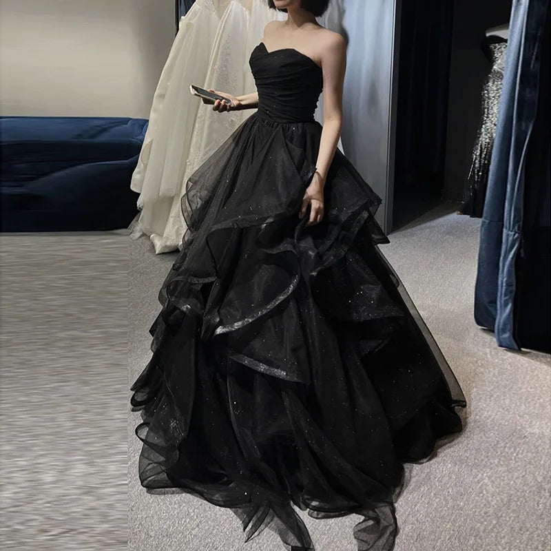 Solid Black Strapless Sleeveless Ball Gown Floor-Length Dress – Empire Waist, Built-In Bra Luxegan