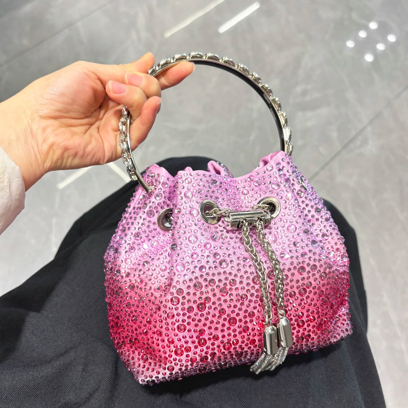 Luxury Designer Rhinestone Evening Clutch | Shiny Crystal Bucket Handbag & Fashion Shoulder Bag Luxegan