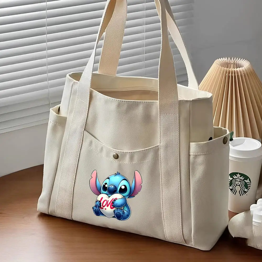 Lilo & Stitch Large Canvas Tote Bag | College Style Commuter & Student Shoulder Bag | Cartoon Shopping Handbag (Unisex) Luxegan