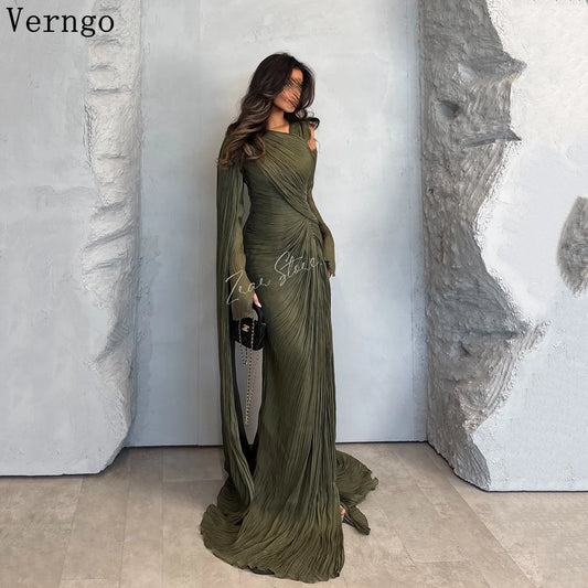 Verngo Vestido de Noche Formal Brillante Verde Cuello Redondo Mangas Largas Ocasión Formal Elegante Pliegues Árabe Vestidos de Fiesta Personalizados