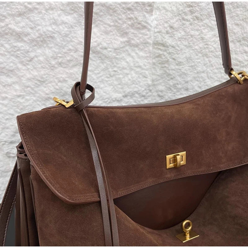 Denim/Suede Casual Tote | Soft Vintage Gold Buckle Messenger Bag Luxegan