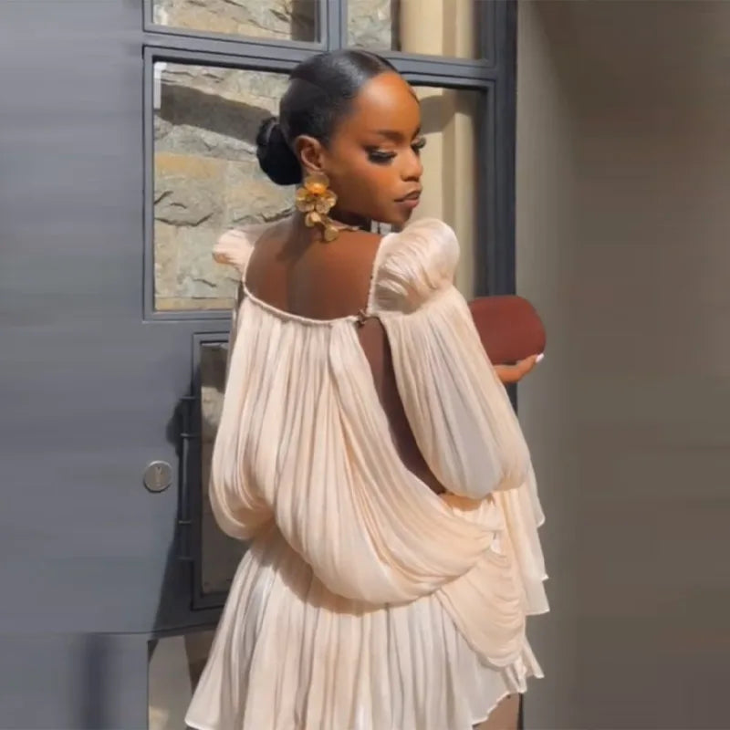 Off-Shoulder Pleated Puff Sleeve Dress – Cinched Waist, Solid, Spring Luxegan