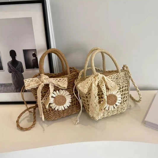 New Weave Lace Bow Handbag | Dacron Square Shape Straw Weave Bag & Small Bucket Tote Luxegan