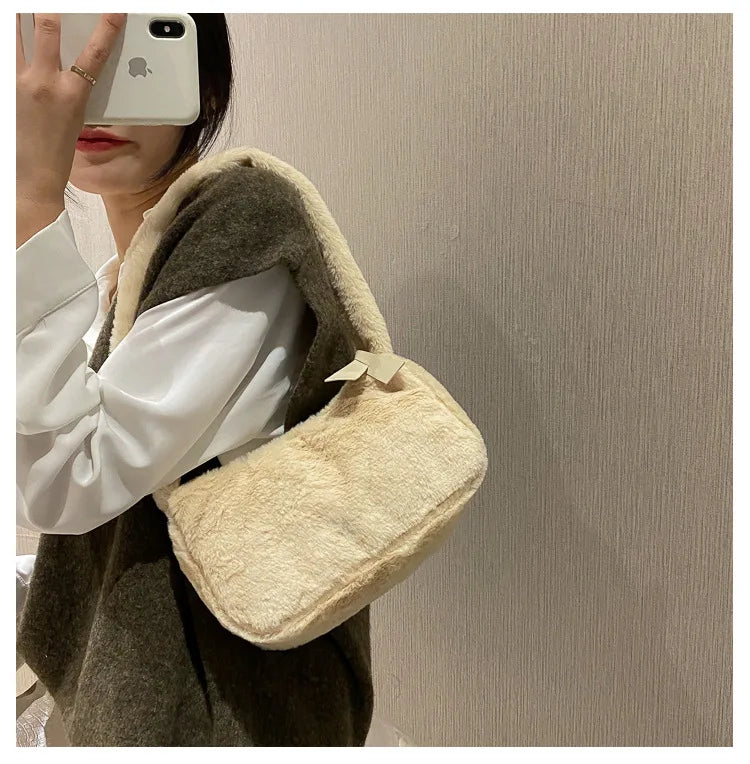 Simple Design Women's Soft Plush Hobo Shoulder Bag | Winter Furry Ladies Clutch Purse & Handbag (Fashion Female Underarm Bag) Luxegan