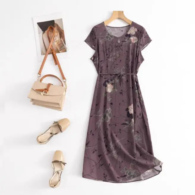 Print Round Neck Flare Sleeve Loose Straight Midi Dress – Mulberry Silk, Summer