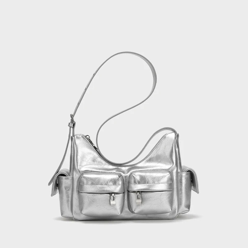 Fashion Trend Women's Y2K Biker Shoulder Bag | Vintage Black Multi-Pocket Crossbody | High-End Moto Style Underarm Satchel (Model 8355) Luxegan