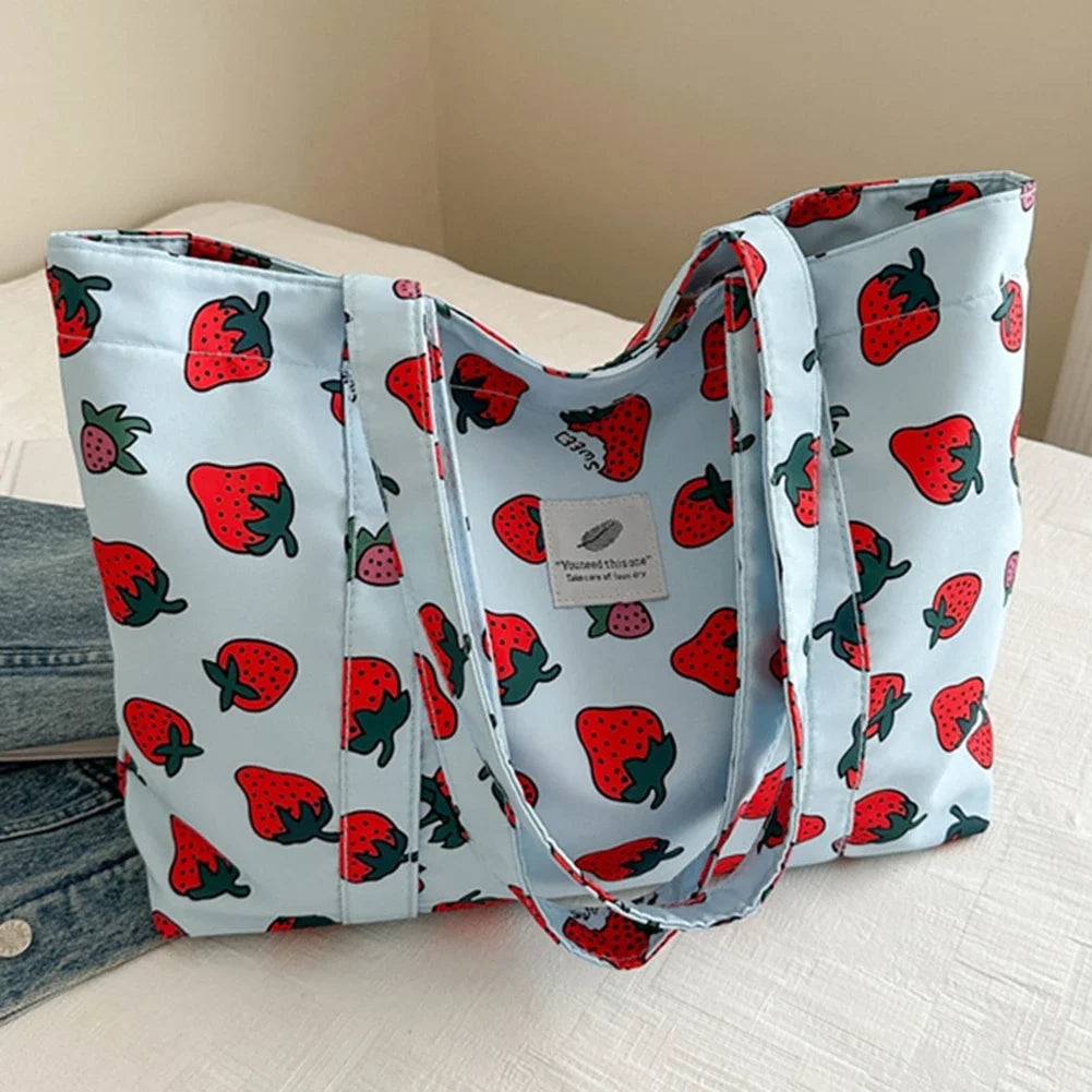 Cute Cherry & Strawberry Print Casual Tote | Sophisticated Large Capacity Nylon Shopping Bag | Elegant Aesthetic Fruit Pattern Handbag | Fashion-Forward Grocery Bag for Women with "Dignified" Soft Finish Luxegan