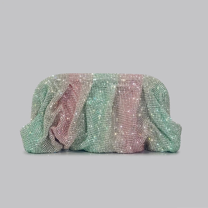 Shiny Ruched Rhinestone Evening Clutch | Designer Gradient Love Hearts Party Bag | Sparkling Diamond Encrusted Female Purse | Luxury Metallic Fashion Clutch for Weddings & Gala Events Luxegan