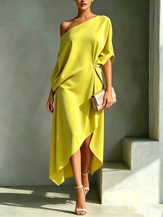 Asymmetric Collar Batwing Sleeve Maxi Dress Luxegan