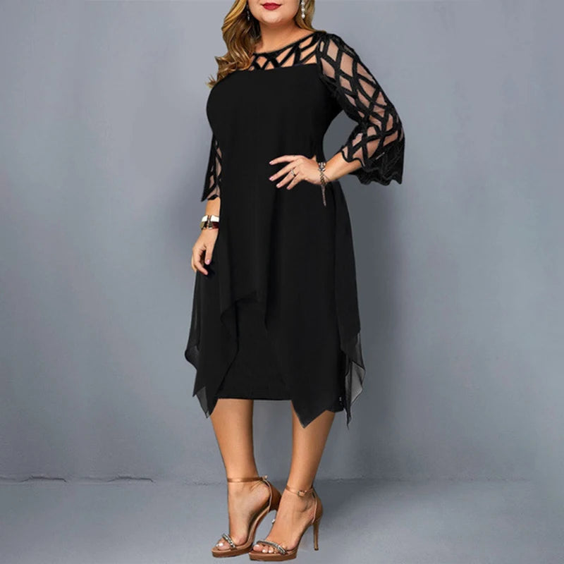 Solid Round Neck Three-Quarter Sleeve Hollow Out Regular Fit Straight Knee-Length Chiffon Dress – Spring/Summer Luxegan