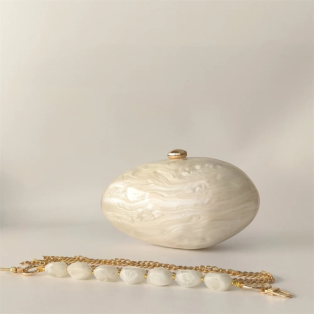 Oval Marble Beige Shell Acrylic Luxury Elegant Lady Evening Bag | Cute Handbag & Wedding Girl Female Mini Purse Luxegan