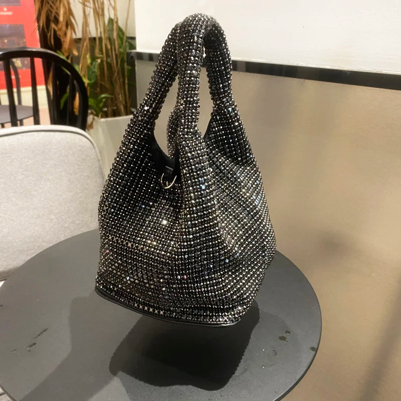 Shiny Crystal Bucket Bag | Luxury Designer Evening Clutch Luxegan