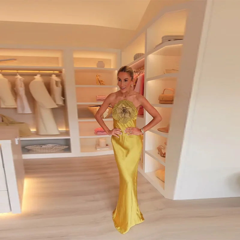 Elegant Party Women's Dress 3D Flower Halter Sleeveless Backless Mermaid Satin Female Dresses 2026 Summer Chic Evening Lady Robe