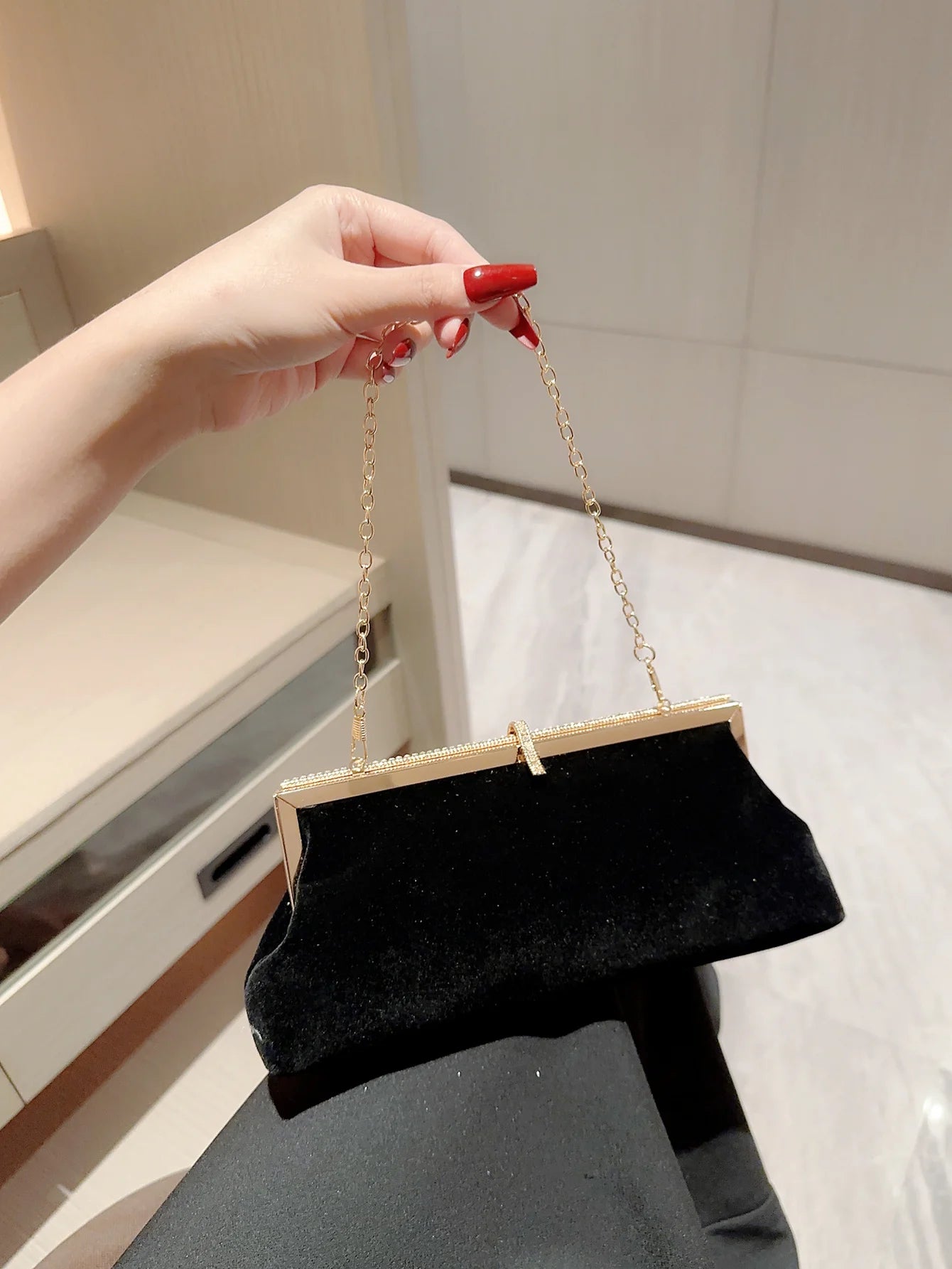 Women's Temperament Velvet Fish Hook Rhinestone Decorated Evening Bag | Clutch Bag, Party Bag, Prom Bag, Dress Bag, Wedding Bag Luxegan