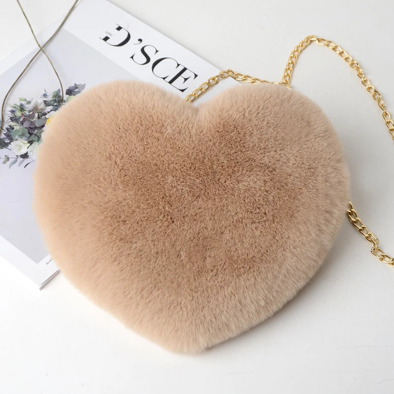 Corduroy Floral Casual Tote | Soft Cute Heart-Shaped Faux Fur Chain Shoulder Bag Luxegan