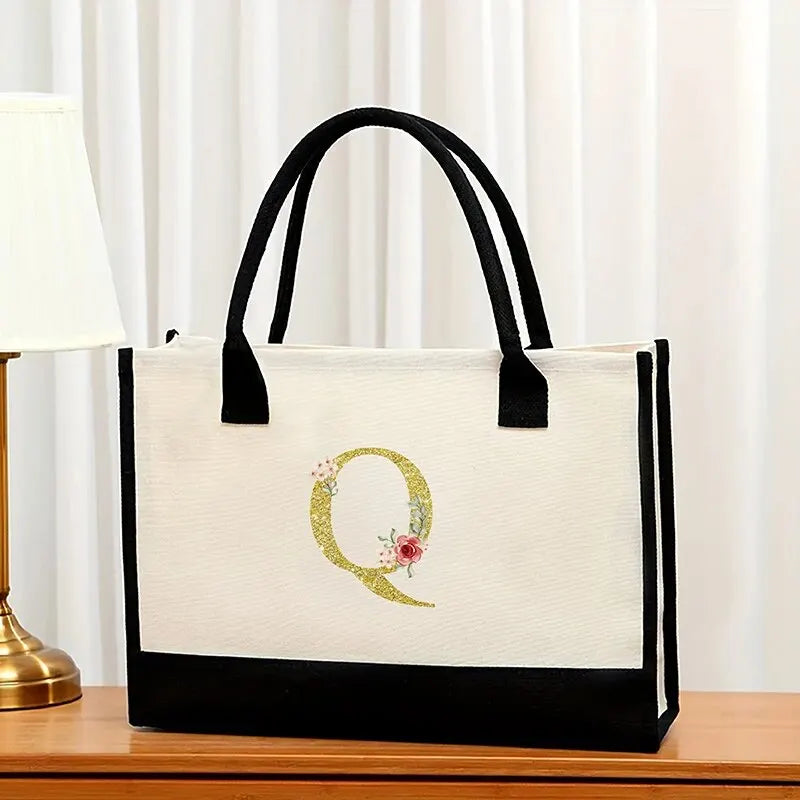 Canvas Gold Letter Fashion Tote Bag | Trendy Metallic Initial Handbag | Large Capacity Canvas Shopping Bag & Daily Satchel for Women Luxegan
