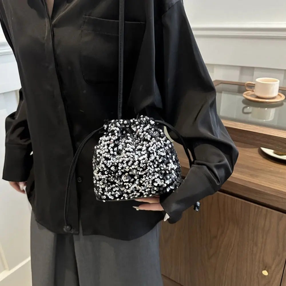 Casual Shiny Evening Banquet Bag | Korean Style Handbag Drawstring Crossbody Bag | Small Purse Mini Bucket Bag for Women Luxegan