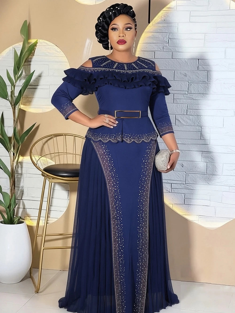 Wedding Party Prom Dress Dubai African Women Luxury Ruffle Pleated Long Dress Ankara Dashiki Turkey Clothes Formal Occasion Gown