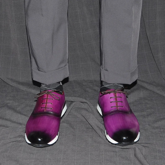 Luxury Classic Oxford Sneakers | Sophisticated Hand-Painted Genuine Cow Leather | Elegant "Dark-Blue & Purple" Lace-Up Male Footwear | "Dignified" Handmade Sheepskin Insole Shoes for Radiant Versatile Styling Luxegan