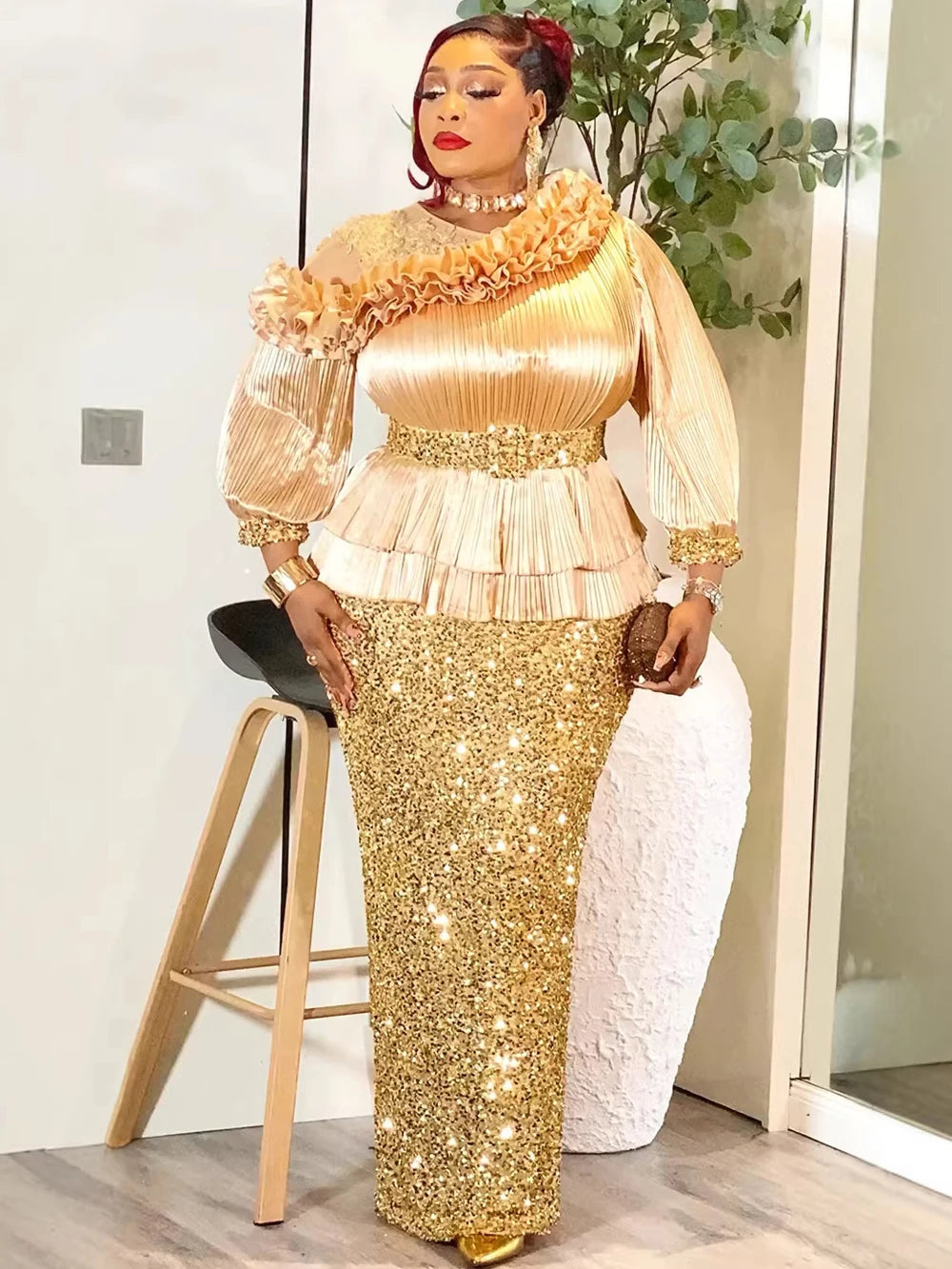 Luxury Sequin Kaftan Maxi Gown | African-Inspired Diamond Patchwork Evening Dress | Ankle-Length Zipper Slim Fit Sheath Dress Luxegan