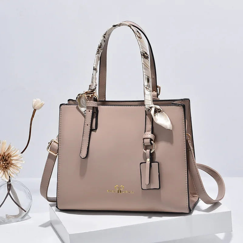 New Elegant Ladies’ Shoulder Messenger Bag | Sophisticated Simple PU Leather Square Bag | Fashion-Forward Large Capacity Handbag with Silk Scarf Decoration | Professional High-Street Casual Tote Luxegan