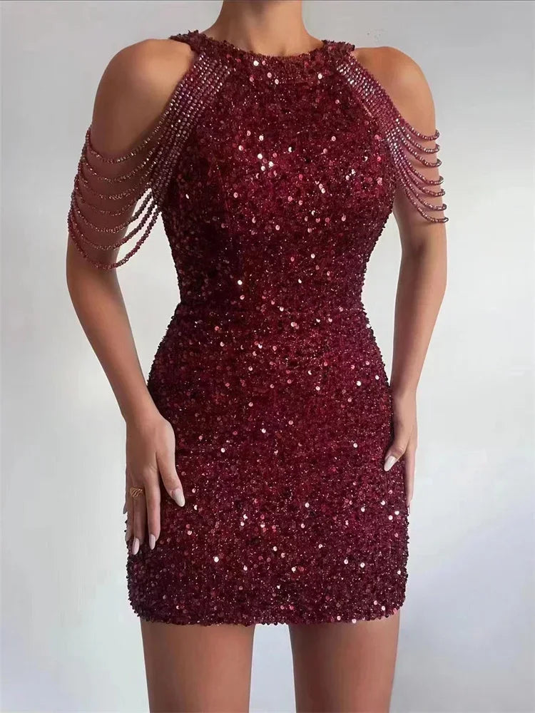 Women's Off-Shoulder Sequined Tassel Mini Dress | Sexy Spring Party Club Evening Short Dress | Glamorous Hollow-Out Bodycon Dress | Premium Slim Fit Sleeveless A-Line Luxegan