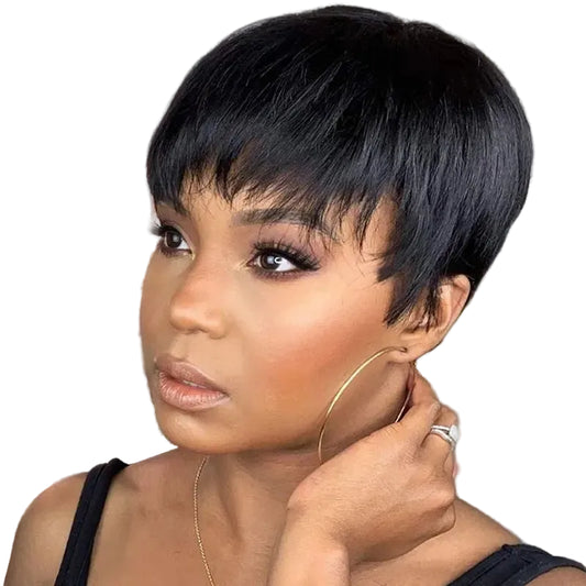 Short Pixie Cut Ready-to-Wear Human Hair Wig - Full Machine-Made Glueless Straight Wig - 100% Remy Human Hair Black, Brown & Red Color Wig for Women (Dyeable All Colors) Luxegan