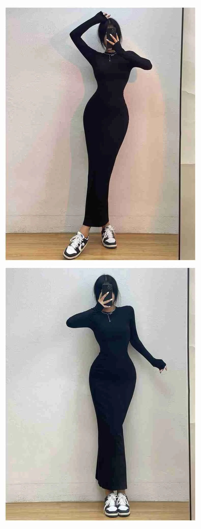 Women's Elegant High Street Long Sleeve Maxi Dress | Simple Korean Style Slim Fit Ankle-Length Robe | Soft Autumn/Winter Solid Color A-Line Gown | Premium Ruffle Empire Waist Model Carbon Ash Luxegan