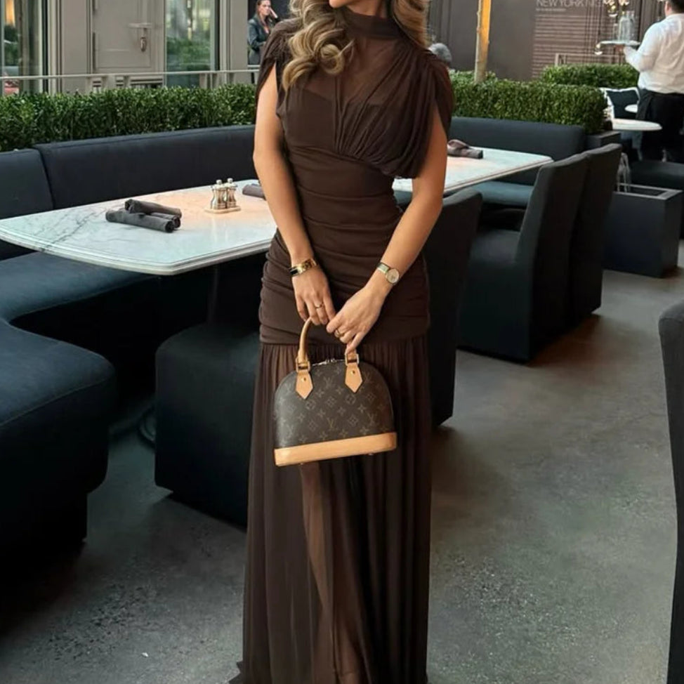 Women's Sexy Mesh Pleated Long Party Dress | Elegant Turtleneck Short Sleeve Evening Gown | Fashion Summer Slim Fit Ankle-Length Club Vestido | Solid Color High Collar Sheath Dress Model K0809260999 Luxegan