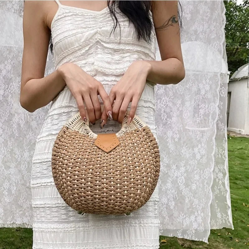 Straw & Rattan Circular Tote | Luxurious Designer Brand Summer Shoulder Bag Luxegan 