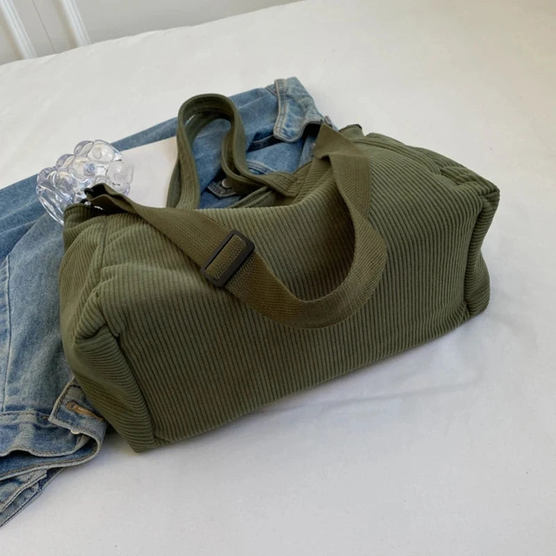 Corduroy Large Capacity Commuting Tote | Fashionable Striped Velvet Shoulder Bag Luxegan