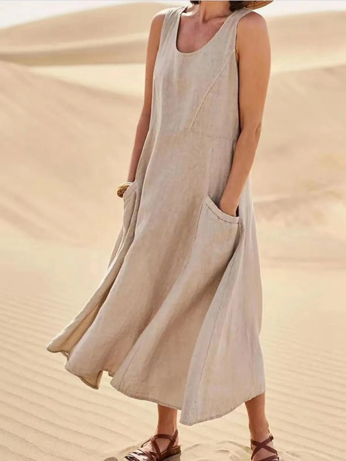 Women's Casual Cotton Linen Sundress | Summer Sleeveless Loose Sand Beachwear Maxi Dress | Elegant Double Big Pocket Oversized Long Dress | Premium High Stretch Regular Fit O-Neck Vestido Model LRFZ-818 Luxegan