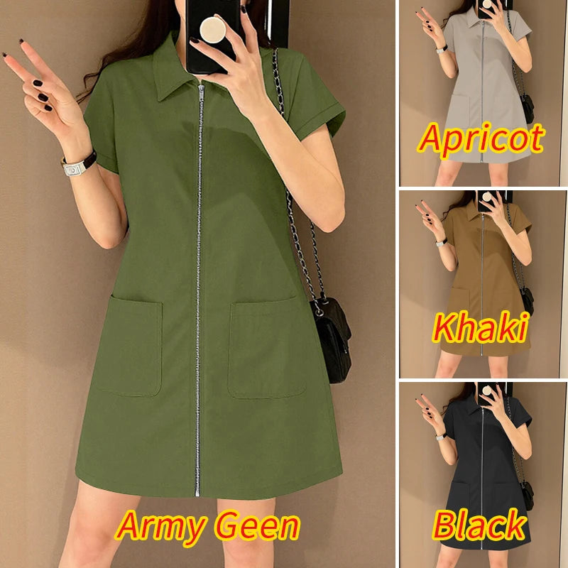 Lapel Collar Shirt Mini Dress | Short Sleeve A-Line Shirtdress with Pockets Luxegan