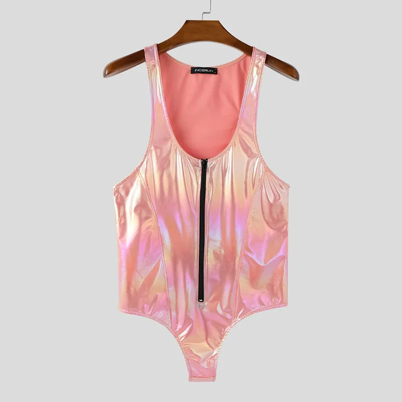 Men’s Shiny Zipper Sleeveless Bodysuit | Sophisticated "Sparkling" Male Romper Silhouette | Elegant Fashion Streetwear Playsuit | "Dignified" High-Performance Sparkling Bodysuit for Radiant Versatile Styling Luxegan