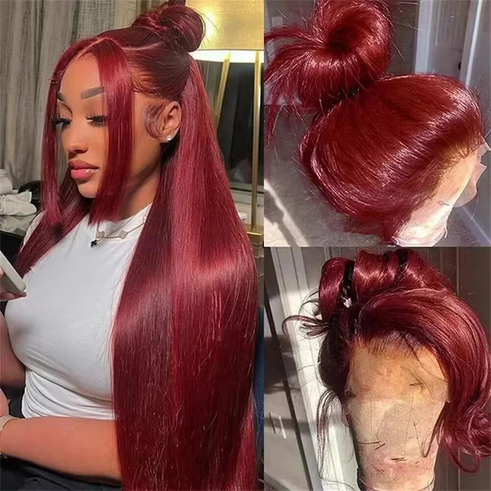 30 Inch Burgundy Bone Straight 13x4 Lace Front Wig | 13x6 HD Lace Frontal Human Hair Wig for Women (Colored) Luxegan