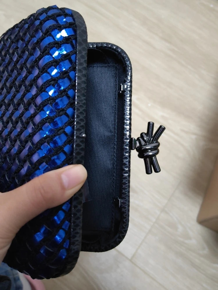 Woven Contrast Color Evening Clutch | Sophisticated Microfiber Thread Braid Handbag | Elegant Classic Chain Small Square Bag | "Dignified" Hard-Shell Woven Purse for Formal Party Styling Luxegan