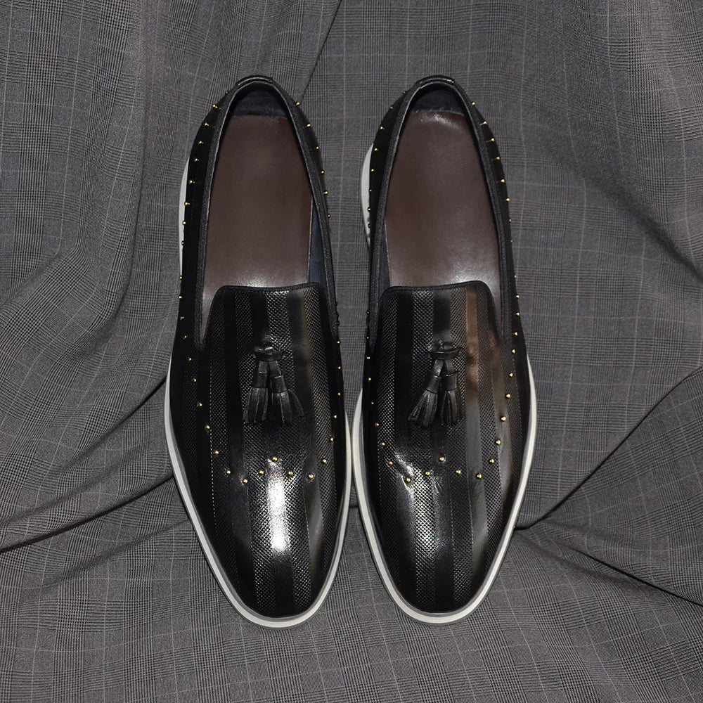 Classic European Gray Genuine Leather Loafers | Sophisticated Rivet & Tassel Accents | Elegant "Genuine Cow Leather" Silhouette | "Dignified" Sheepskin Insole & Non-Slip Rubber for Radiant Versatile Styling Luxegan
