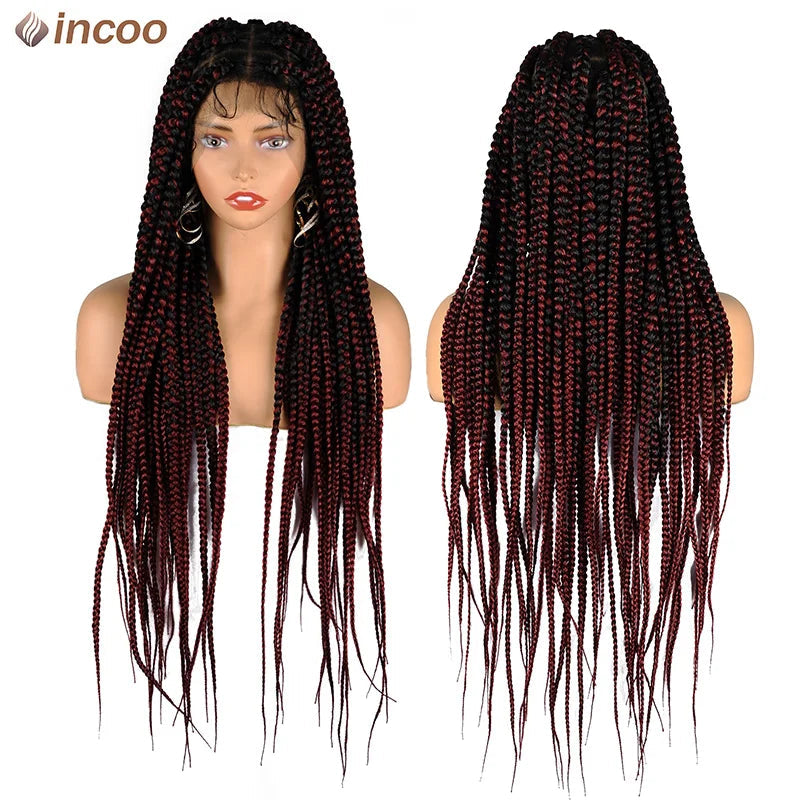 Synthetic Large Box Braided Wigs Jumbo Knotless Full Lace Front Wigs For Black Women Jumbo Tribal Braids Faux Locs Cornrows Wig Luxegan