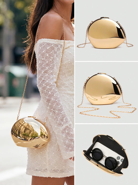 Designer Acrylic Shell Shape Clutch | Sophisticated "Shiny Metal" Silhouette | Elegant Gold and Silver Evening Bag | "Dignified" High-Performance Crossbody Essential for Radiant Versatile Styling Luxegan