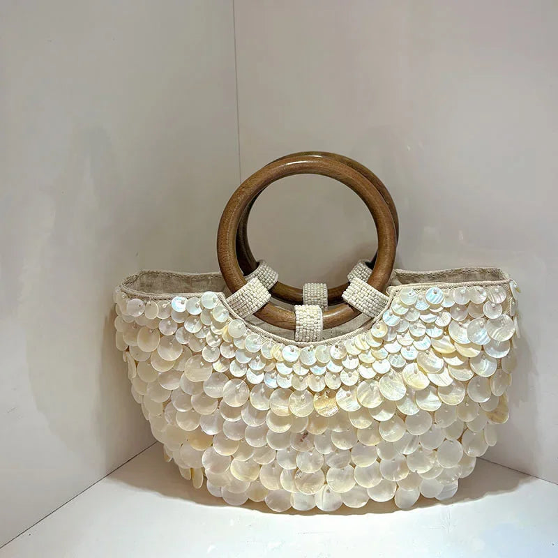 Brand Exquisite Double-sided Shell Handbag | Luxury Handmade Large Capacity Shell Crossbody Clutch Bag (Wooden Handle & Tote) Luxegan