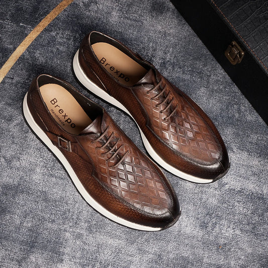 Classic Metal Buckle Men's Sneakers | Sophisticated First Layer Cowhide Casual Footwear | Elegant "T-Tied" Silhouette | "Dignified" Height-Increasing Leather Shoes for Radiant Versatile Office & Party Styling Luxegan