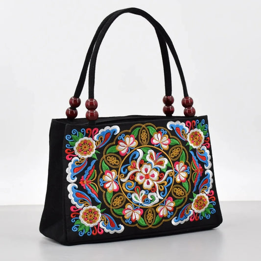 Stylish Floral Embroidered Canvas Handbag | Trendy Beaded National Style Tote | Women’s Fashion Satchel & Shoulder Bag with Secure Zipper Luxegan