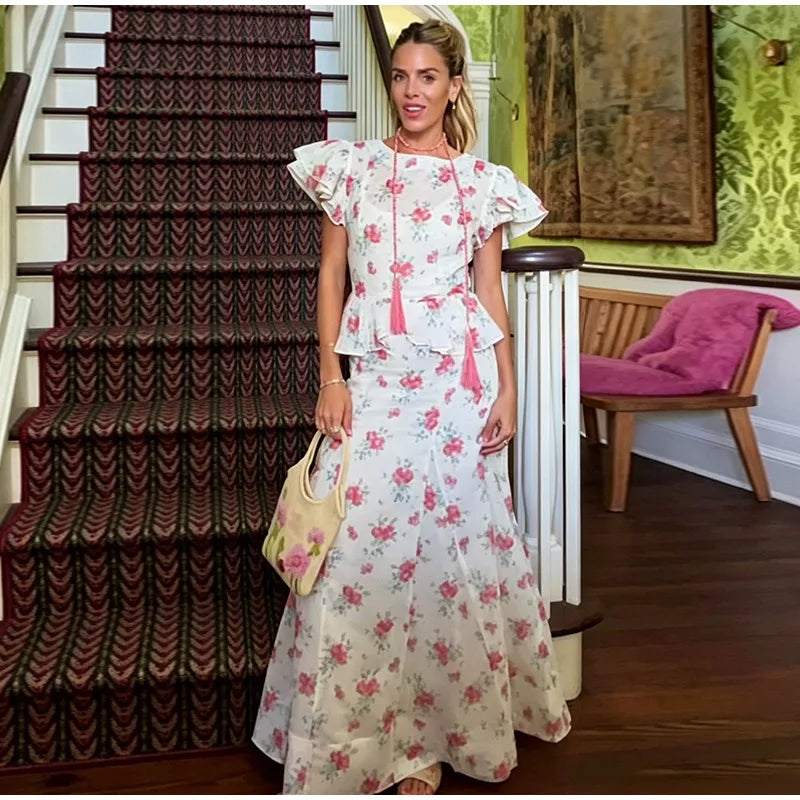Organza Floral Printed Maxi Dress V-Neck  Puff Sleeve 2026 Spring/Summer Romantic Women Party Gown Fashion Elegant Lady Vestidos