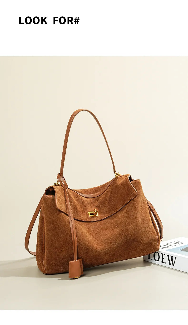 Autumn/Winter Frosted Cowhide Suede Leather Kelly Tote Bag | High-Grade Large Capacity Soft Shoulder Bag Luxegan