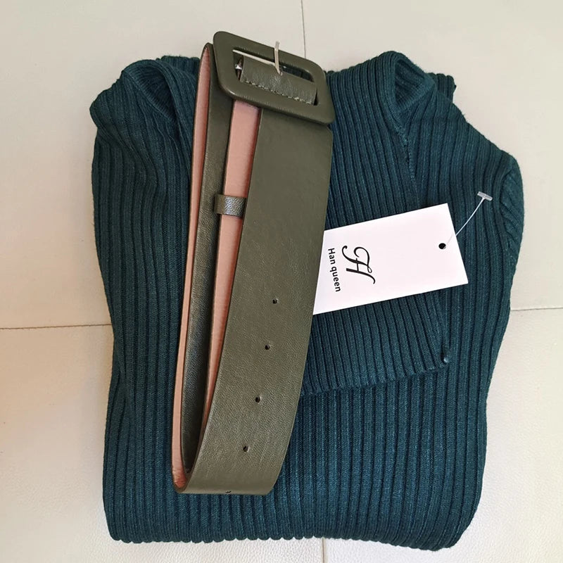 Turtleneck Knit Bodycon Midi Dress with Belt | Long Sleeve Pencil Sweater Dress Luxegan